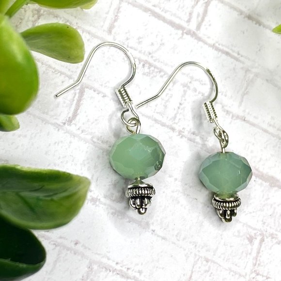 Green Earrings - Faceted Glass with Iridescence - Picture 1 of 3
